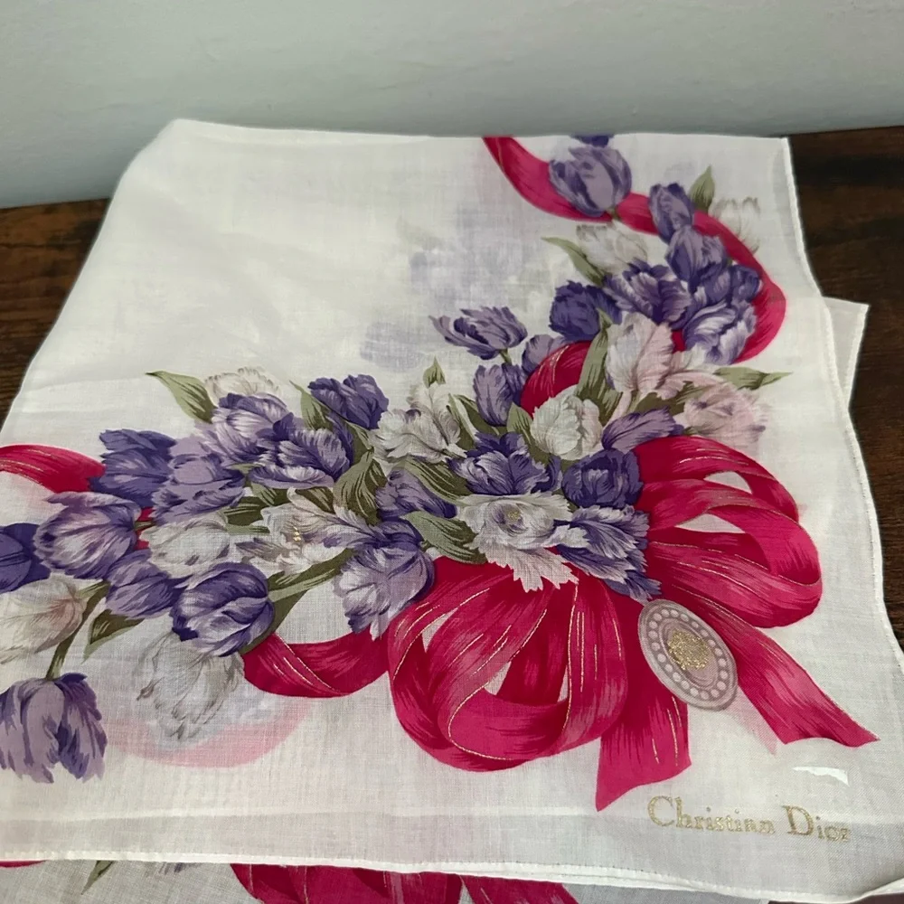 Dior Floral Handkerchief - White, Purple, and Red - Picture 1 of 1
